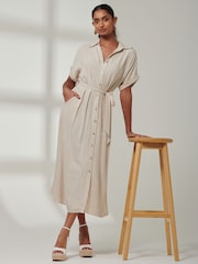 Jolie Moi Natural Jessie Linen Shirt Midi Dress - Image 6 of 6