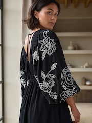 Black/White Embroidered Sleeved Maxi 100% Cotton Dress - Image 1 of 8