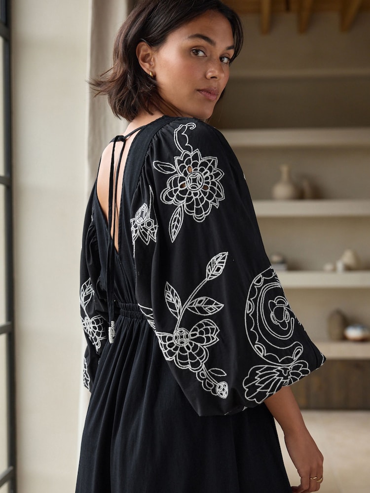 Black/White Embroidered Sleeved Maxi 100% Cotton Dress - Image 1 of 8