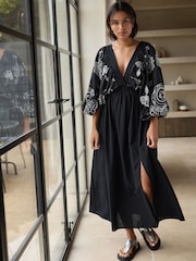 Black/White Embroidered Sleeved Maxi 100% Cotton Dress - Image 2 of 8