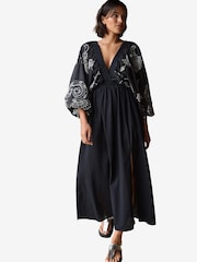 Black/White Embroidered Sleeved Maxi 100% Cotton Dress - Image 3 of 8