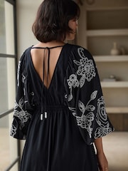 Black/White Embroidered Sleeved Maxi 100% Cotton Dress - Image 5 of 8