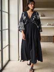 Black/White Embroidered Sleeved Maxi 100% Cotton Dress - Image 6 of 8
