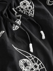 Black/White Embroidered Sleeved Maxi 100% Cotton Dress - Image 7 of 8