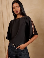 Love & Roses Black Animal Batwing Tipped Satin Front Jersey Back Top - Image 1 of 4