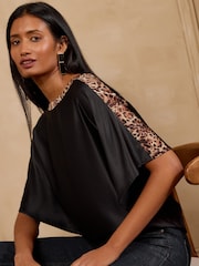 Love & Roses Black Animal Batwing Tipped Satin Front Jersey Back Top - Image 2 of 4