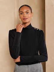 Love & Roses Black High Neck Shoulder Pad Long Sleeve Top - Image 1 of 5