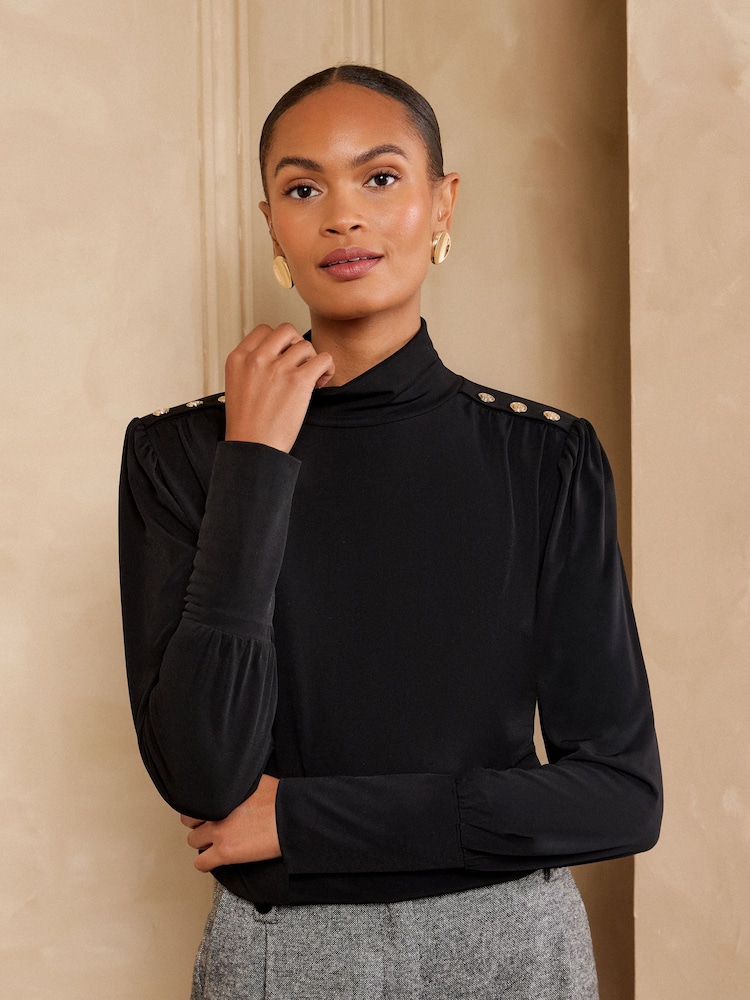 Love & Roses Black High Neck Shoulder Pad Long Sleeve Top - Image 1 of 5