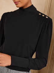 Love & Roses Black High Neck Shoulder Pad Long Sleeve Top - Image 2 of 5