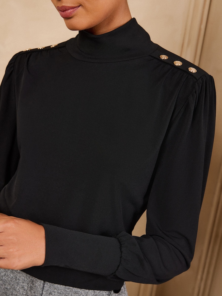 Love & Roses Black High Neck Shoulder Pad Long Sleeve Top - Image 2 of 5