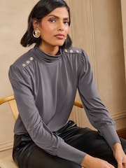 Love & Roses Grey High Neck Shoulder Pad Long Sleeve Top - Image 1 of 4