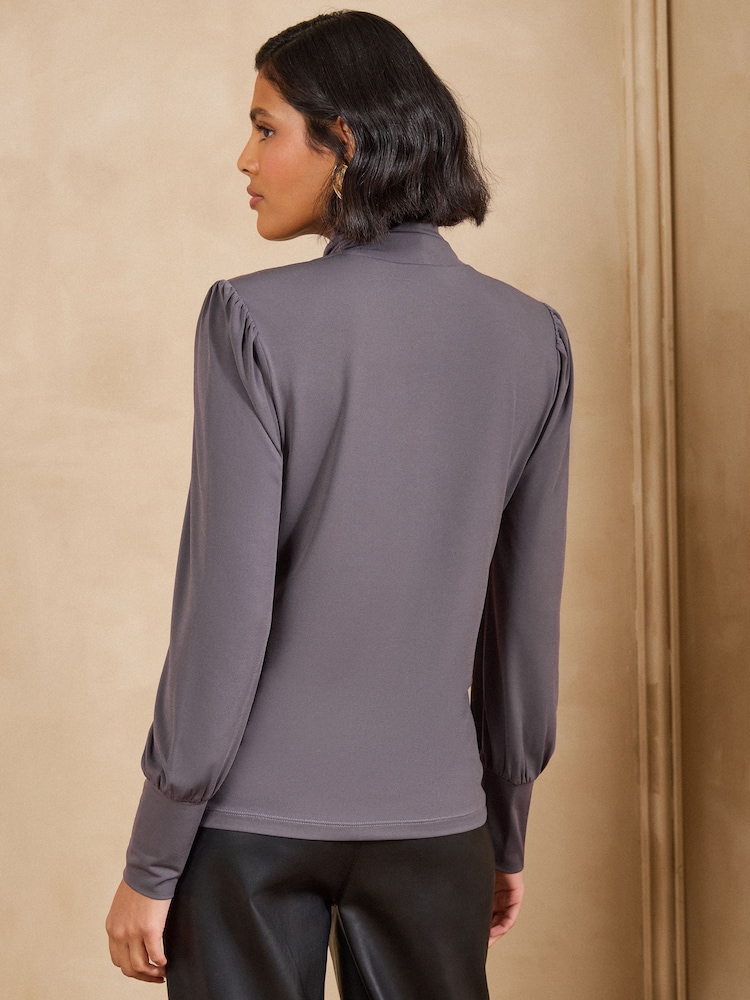 Love & Roses Grey High Neck Shoulder Pad Long Sleeve Top - Image 4 of 4