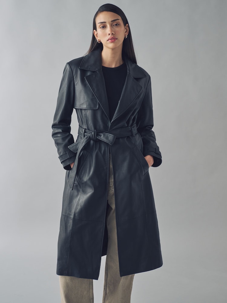 Urban Code Black Leather Trench Coat - Image 2 of 4