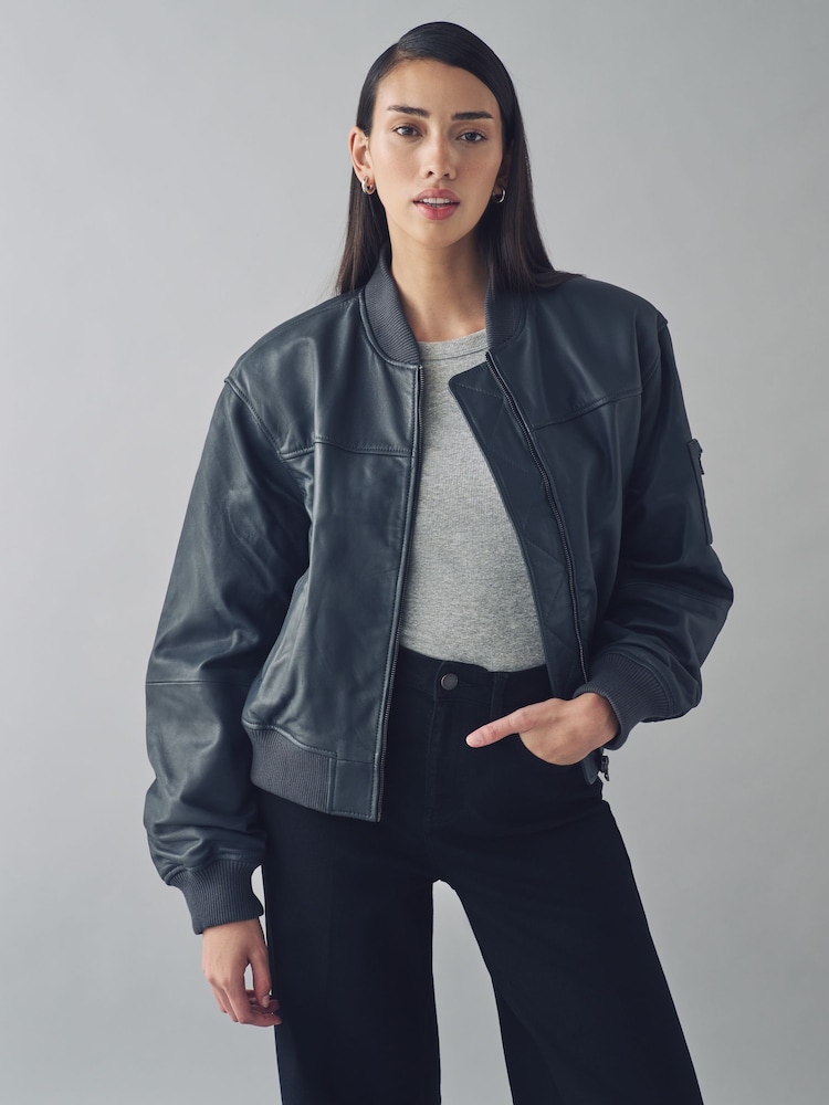 Urban Code Black Leather Bomber Jacket - Image 1 of 6 Urban Code Black Leather Bomber Jacket - Image 1 of 6