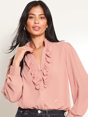 Lipsy Pink Ruffle Placket V Neck Blouse - Image 1 of 4