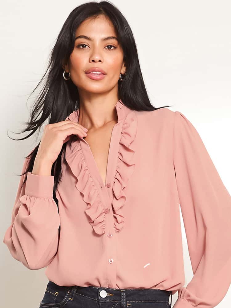 Lipsy Pink Ruffle Placket V Neck Blouse - Image 1 of 4 Lipsy Pink Ruffle Placket V Neck Blouse - Image 1 of 4