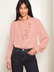 Lipsy Pink Ruffle Placket V Neck Blouse - Image 2 of 4