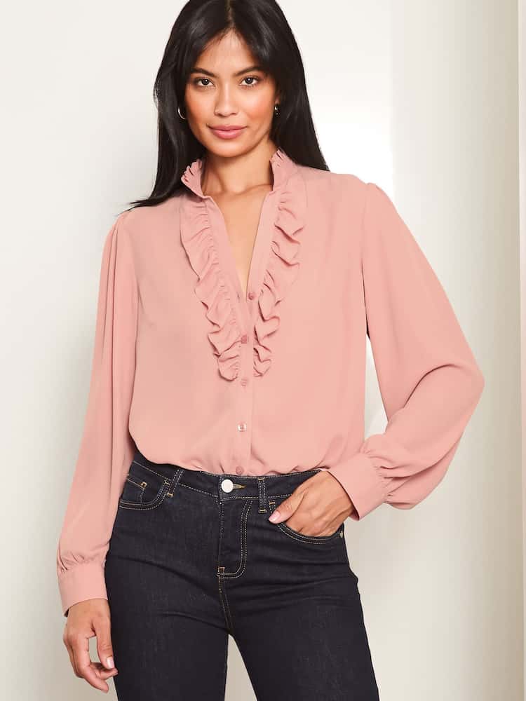Lipsy Pink Ruffle Placket V Neck Blouse - Image 2 of 4 Lipsy Pink Ruffle Placket V Neck Blouse - Image 2 of 4