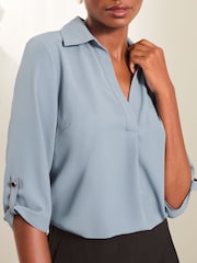 Lipsy Blue V Neck 3/4 Sleeve Collared Blouse - Image 3 of 4