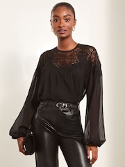 Lipsy Black Sheer Yoke Lace Blouse - Image 1 of 5