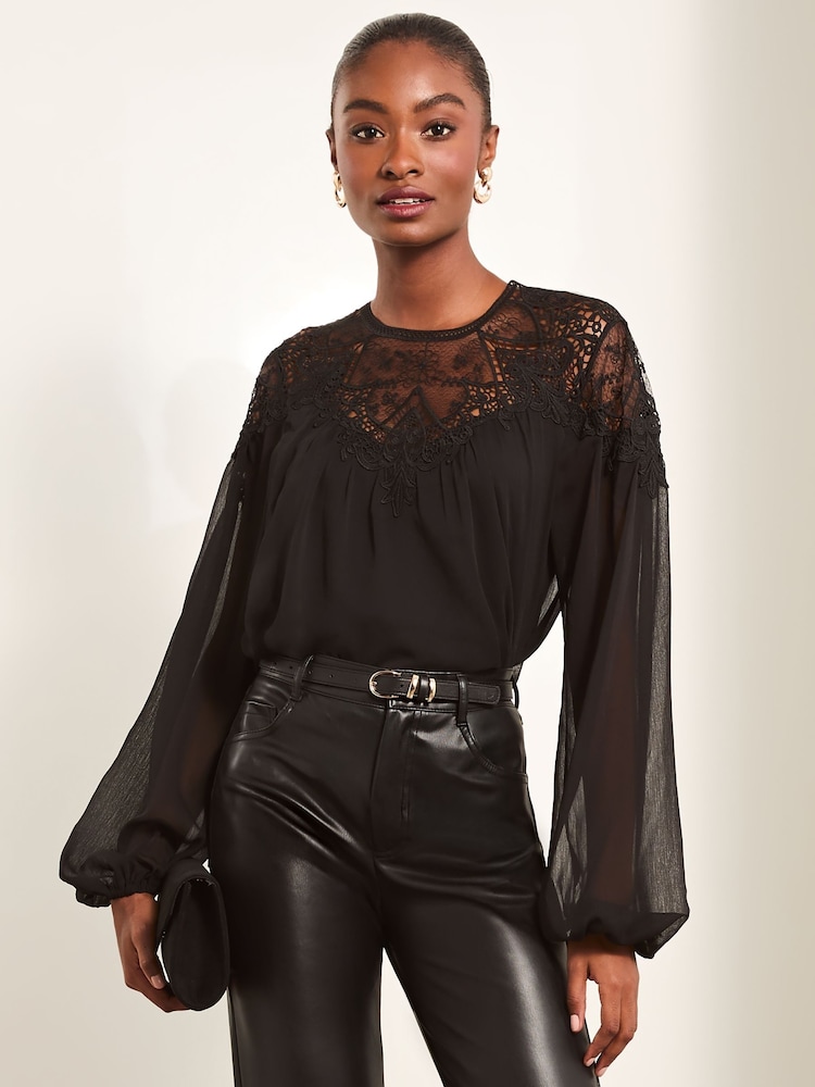 Lipsy Black Sheer Yoke Lace Blouse - Image 1 of 5