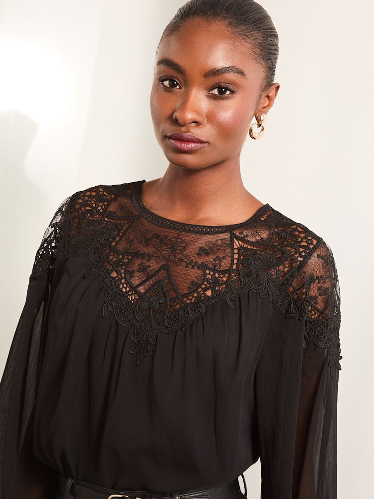 Lipsy Black Sheer Yoke Lace Blouse - Image 2 of 5