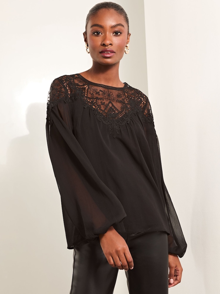 Lipsy Black Sheer Yoke Lace Blouse - Image 5 of 5