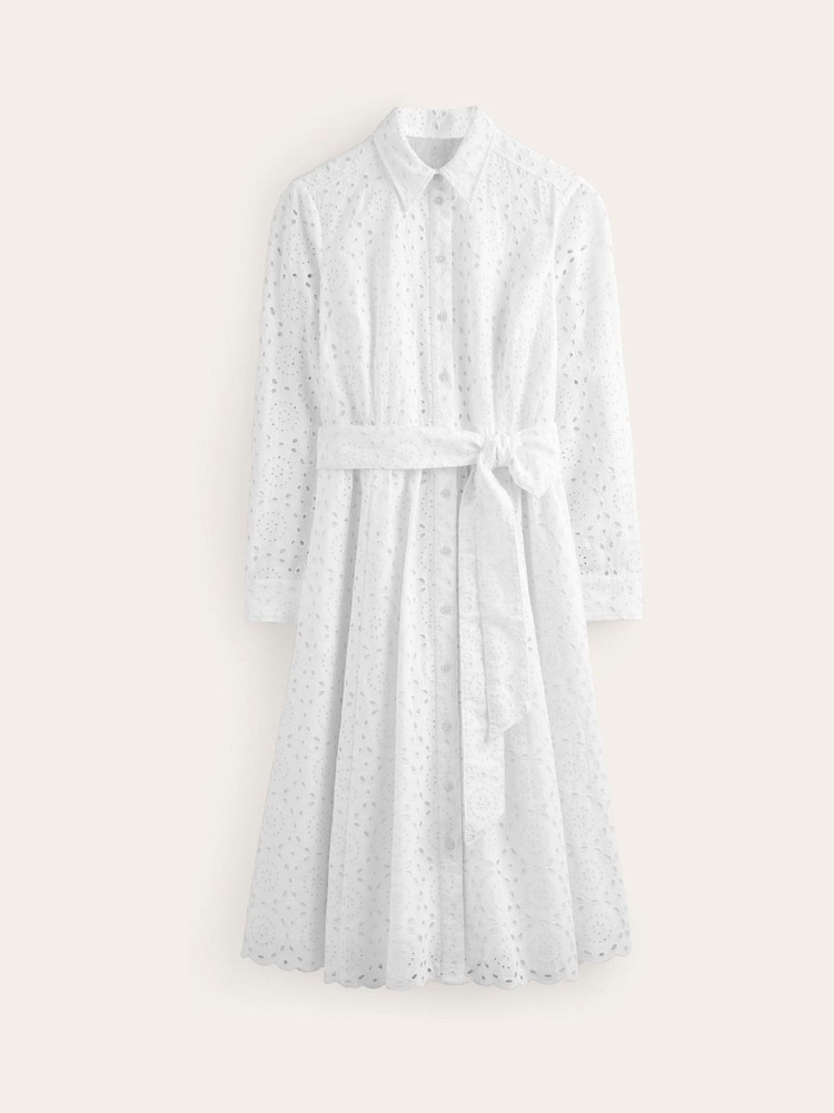 Boden White Petite Linen Blend Kate Broderie Midi Shirt Dress - Image 4 of 4