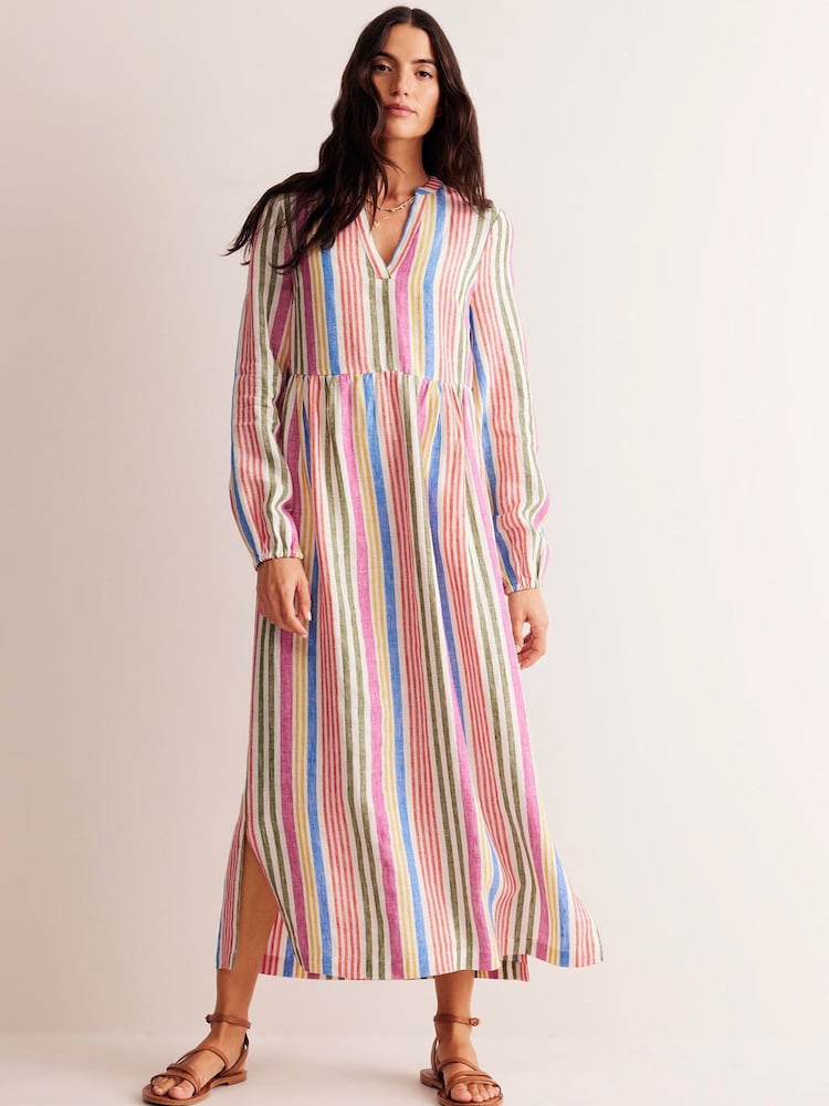 Boden Pink Petite 100% Linen Stripe Maxi Notch Neck Dress - Image 1 of 5 Boden Pink Petite 100% Linen Stripe Maxi Notch Neck Dress - Image 1 of 5