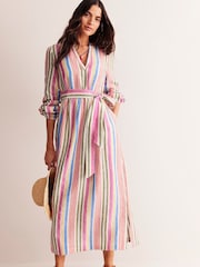 Boden Pink Petite 100% Linen Stripe Maxi Notch Neck Dress - Image 4 of 5