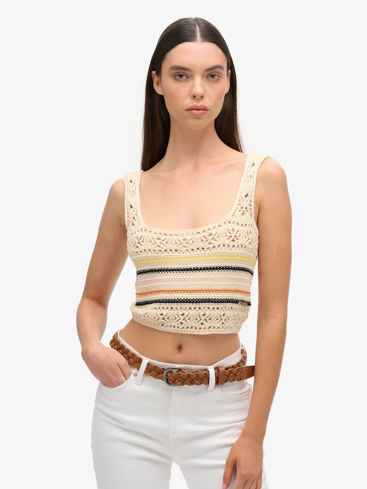 Superdry Cream Lace Up Crochet Cropped 100% Cotton Vest Top - Image 1 of 6