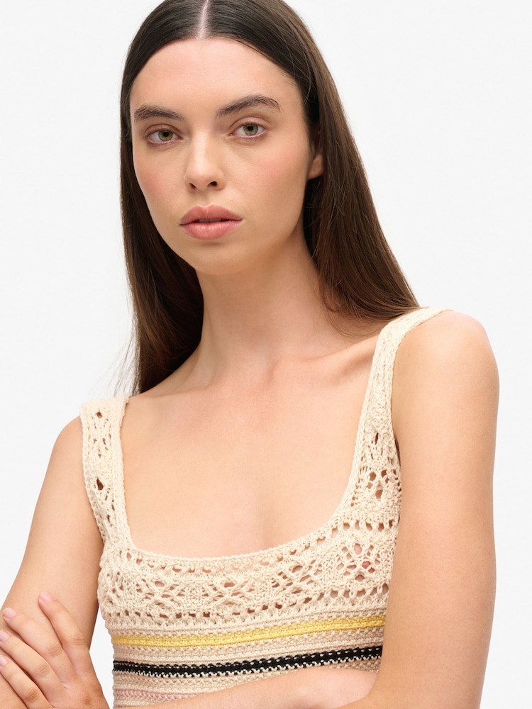 Superdry Cream Lace Up Crochet Cropped 100% Cotton Vest Top - Image 2 of 6