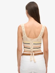 Superdry Cream Lace Up Crochet Cropped 100% Cotton Vest Top - Image 5 of 6