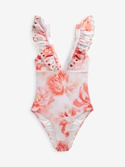 Coral Pink Floral Plunge Broderie Frill Tummy Control Swimsuit - Image 7 of 7