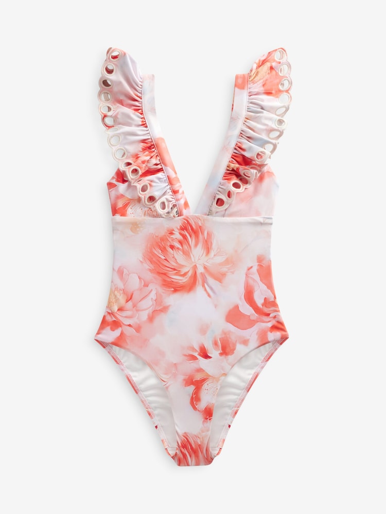 Coral Pink Floral Plunge Broderie Frill Tummy Control Swimsuit - Image 7 of 7 Coral Pink Floral Plunge Broderie Frill Tummy Control Swimsuit - Image 7 of 7