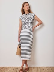 Mint Velvet Navy Stripe Jersey Twist Midi Dress - Image 1 of 4