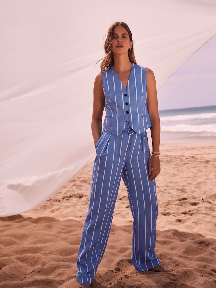 Mint Velvet Blue Striped 100% Linen Trousers - Image 1 of 4