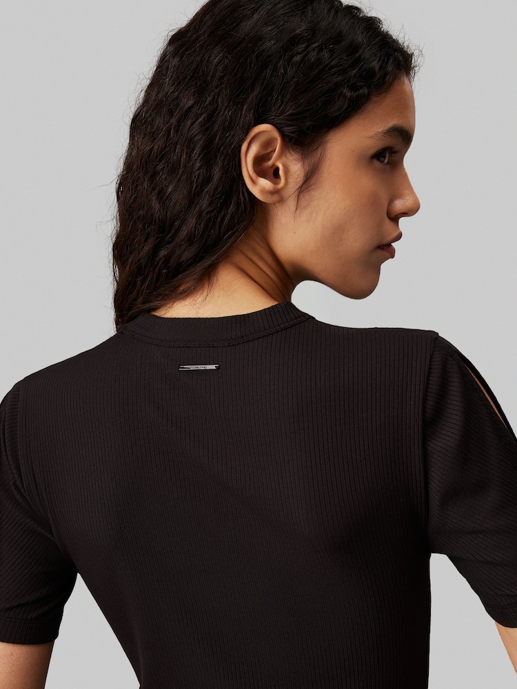 Calvin Klein Black Modal Ribbed Slit Detail T-Shirt - Image 2 of 5 Calvin Klein Black Modal Ribbed Slit Detail T-Shirt - Image 2 of 5