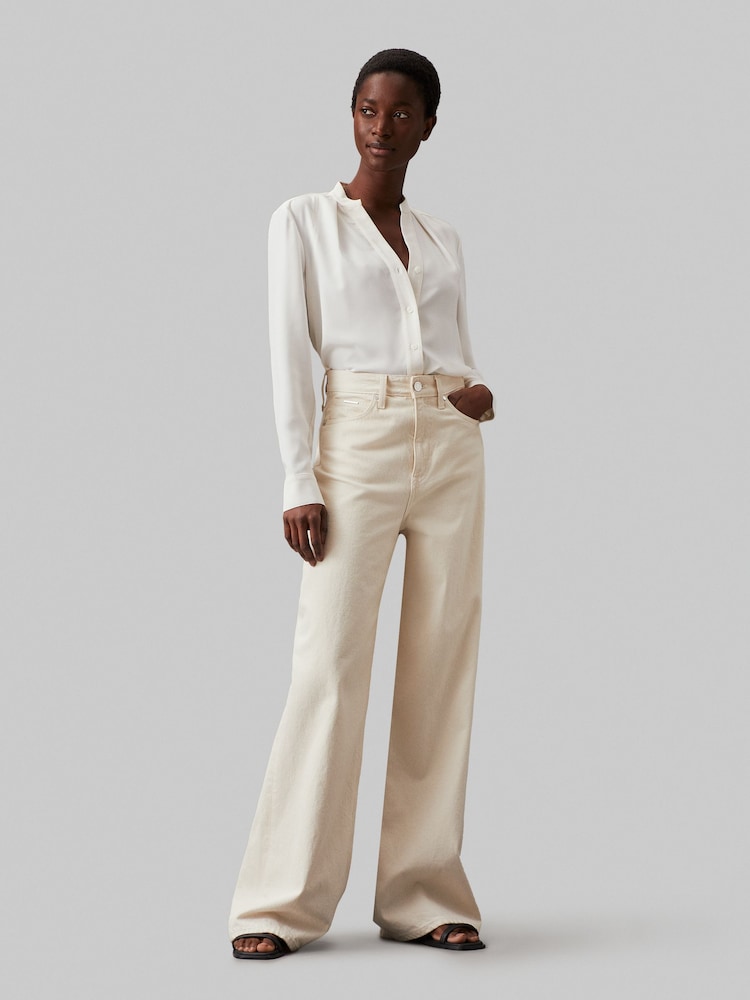 Calvin Klein Natural Collarless Long Sleeved Blouse - Image 1 of 5 Calvin Klein Natural Collarless Long Sleeved Blouse - Image 1 of 5