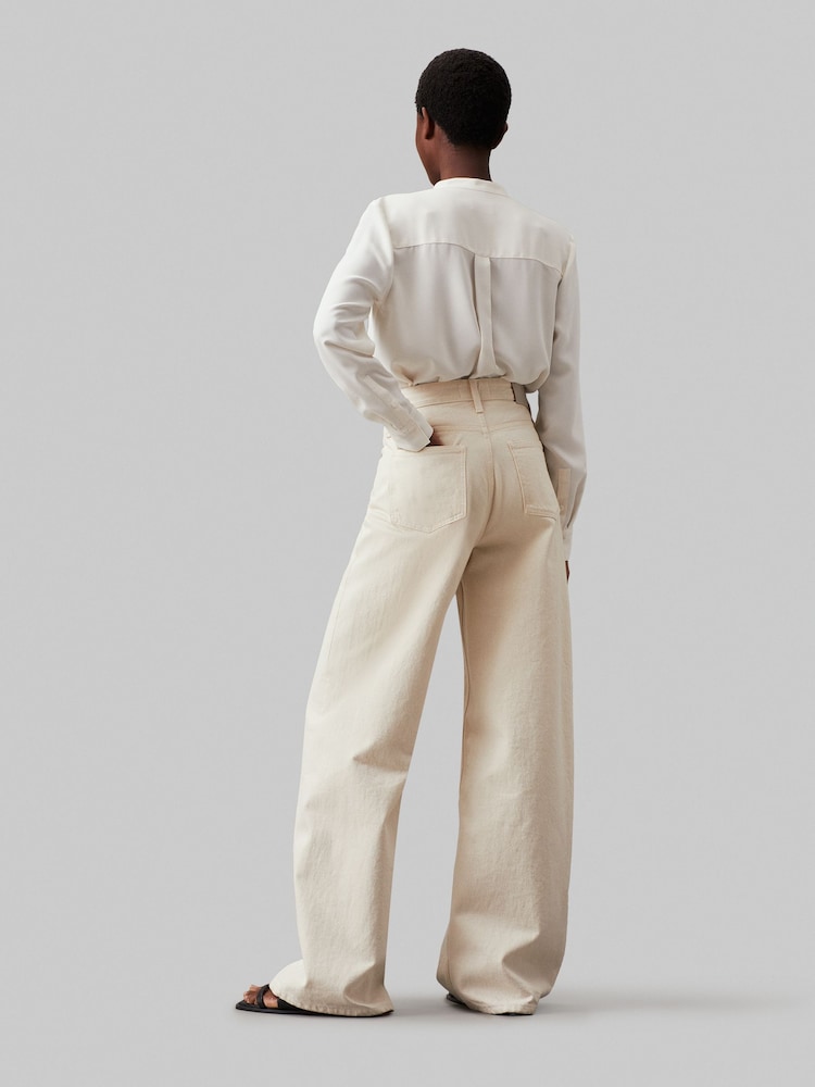 Calvin Klein Natural Collarless Long Sleeved Blouse - Image 2 of 5 Calvin Klein Natural Collarless Long Sleeved Blouse - Image 2 of 5