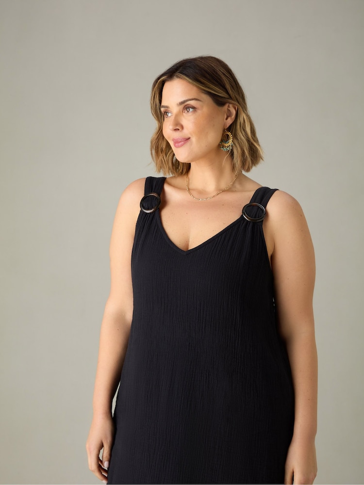 Live Unlimited Black Curve Cotton Crinkle Ring Dress - Image 2 of 5