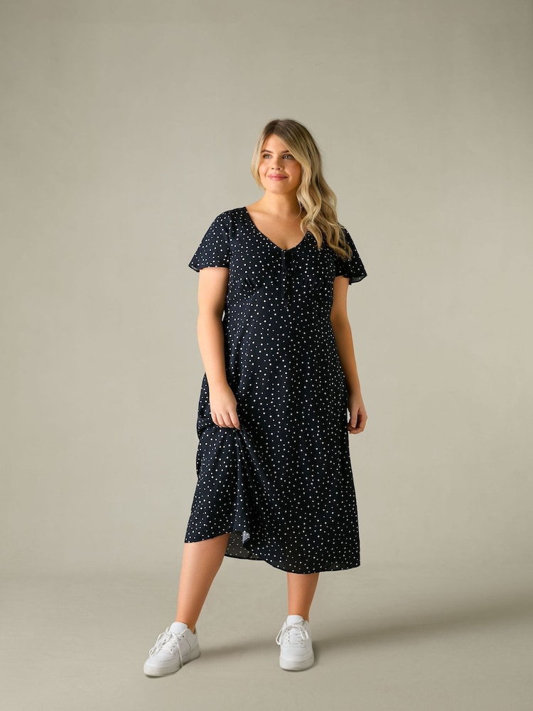 Live Unlimited Black Curve Spot Print Midi Tea Dress - Image 2 of 5