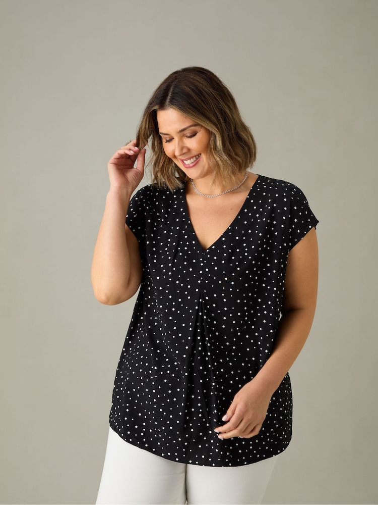 Live Unlimited Black Curve Polka Dot Pleat Front Top - Image 1 of 5 Live Unlimited Black Curve Polka Dot Pleat Front Top - Image 1 of 5