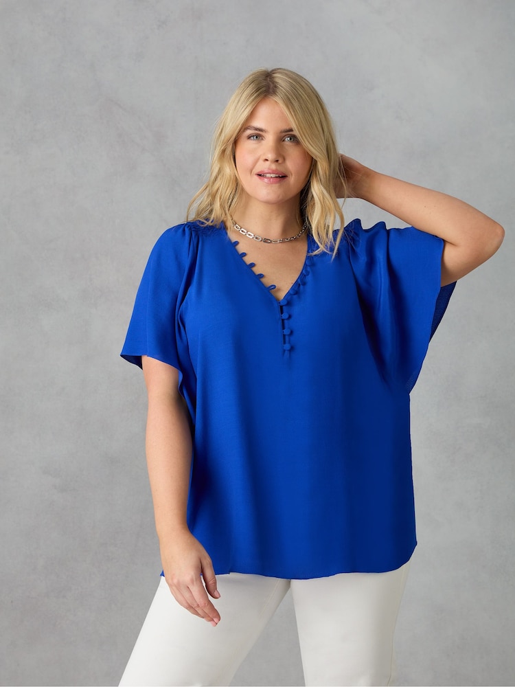Live Unlimited Blue Curve Shirred Shoulder Blouse - Image 1 of 4