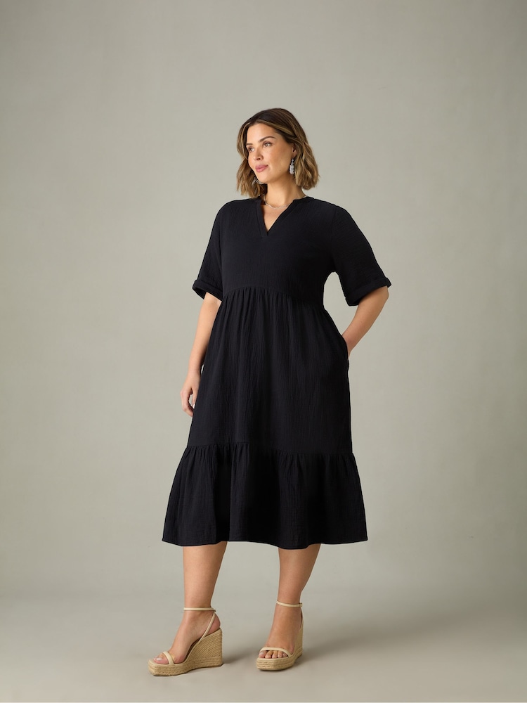 Live Unlimited Black Curve Cotton Crinkle Tiered Dress - Image 1 of 4
