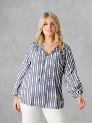 Live Unlimited Blue Curve Denim Stripe Shirred Boho Blouse - Image 1 of 3