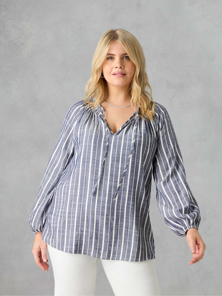 Live Unlimited Blue Curve Denim Stripe Shirred Boho Blouse - Image 1 of 3