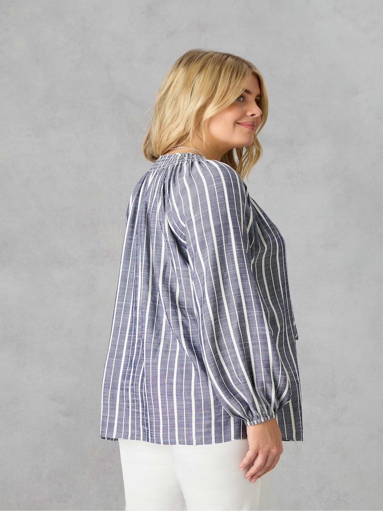 Live Unlimited Blue Curve Denim Stripe Shirred Boho Blouse - Image 2 of 3