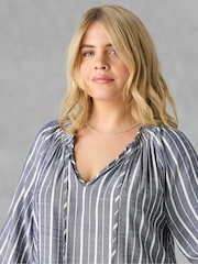 Live Unlimited Blue Curve Denim Stripe Shirred Boho Blouse - Image 3 of 3