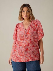 Live Unlimited Red Curve Paisley Print Shirred Shoulder Blouse - Image 1 of 4